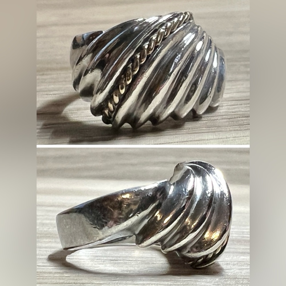 Vintage Designer Hallmarked Sterling Silver & 14K Gold Rope Accented Dome Ring